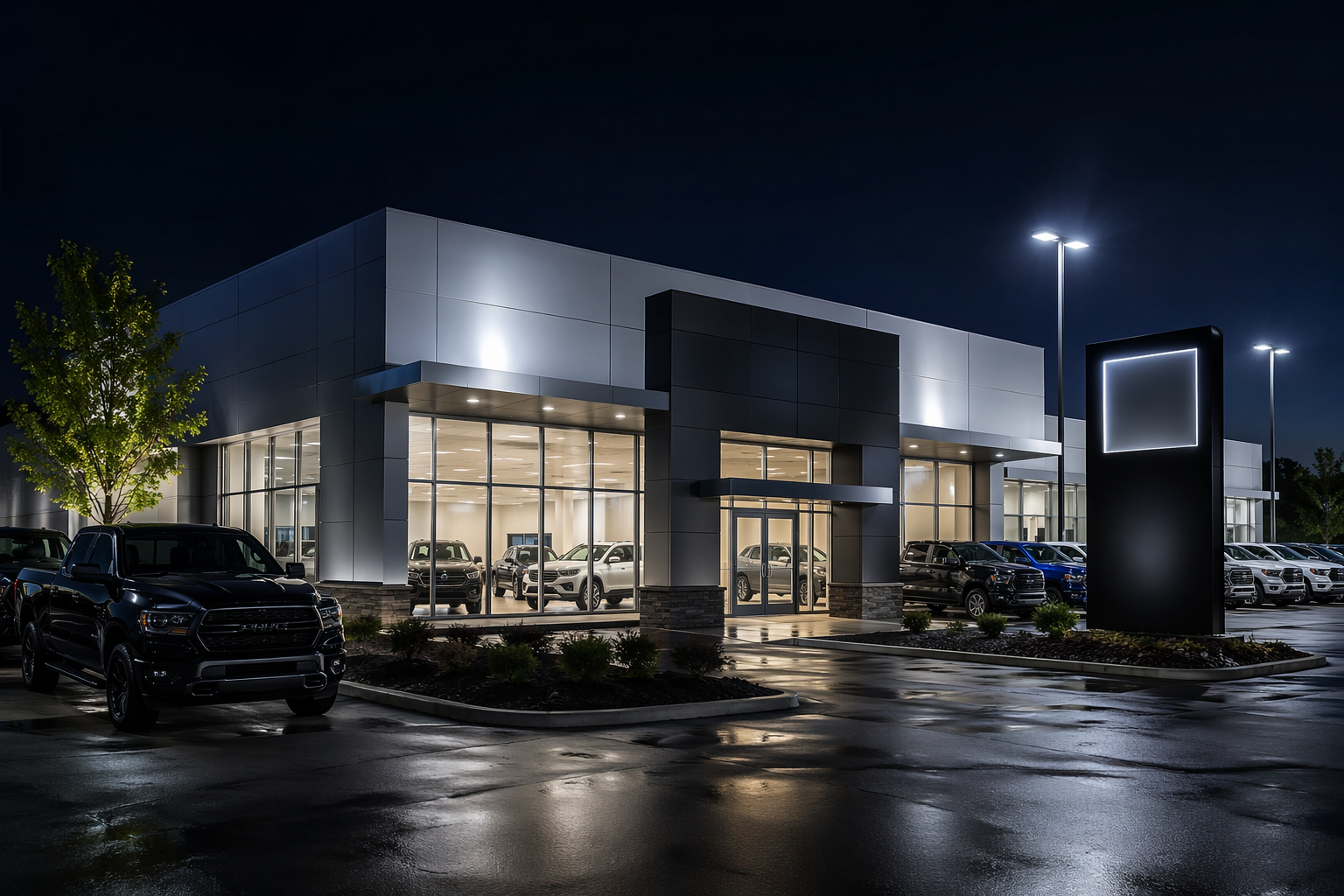 Modern car dealership exterior at night with illuminated showroom, wet pavement reflections, tall light poles, and a black totem sign featuring a glowing square outline.
